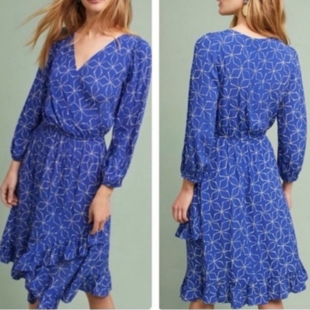 Plenty by Tracy Reese Aleah Blue Geometric Ruffle Midi Dress Size Medium